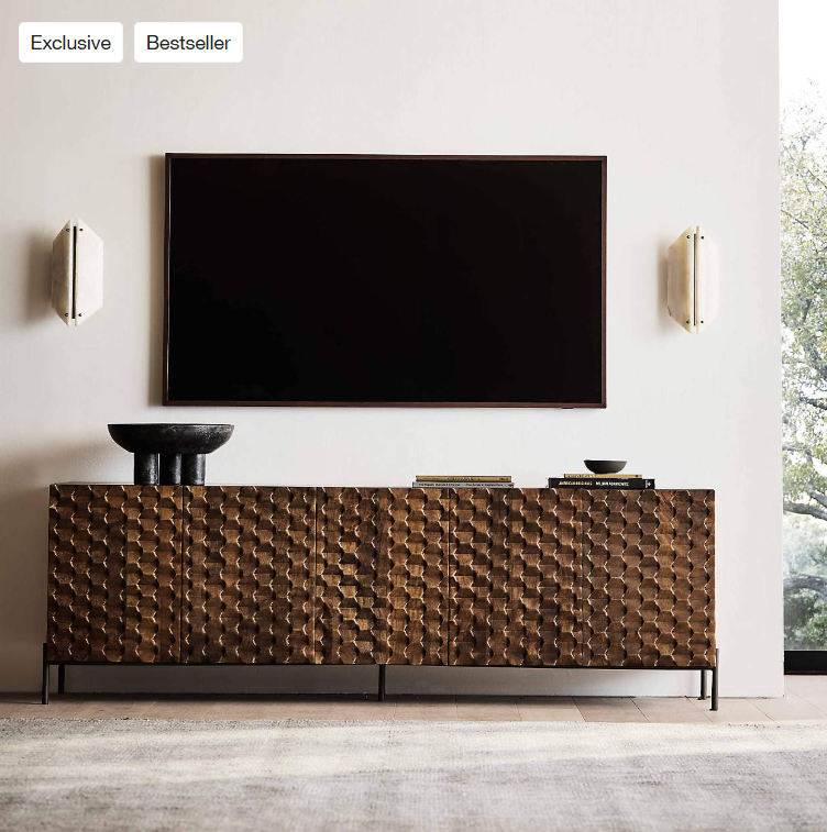 Crate & Barrel Raffael 82" Brown Carved Wood Storage Media Console