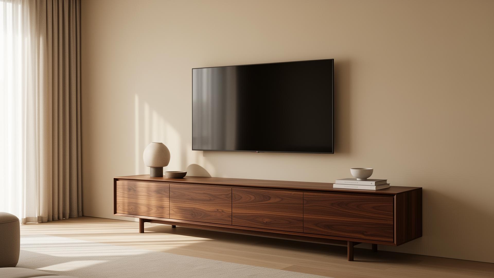 Modern walnut TV stand in a minimal living room